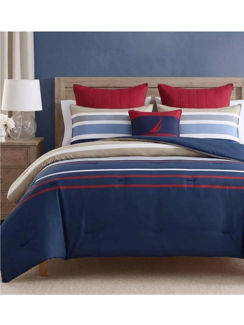 Nautica Striped Duvet Cover in Navy, Red, Tan and Light Blue